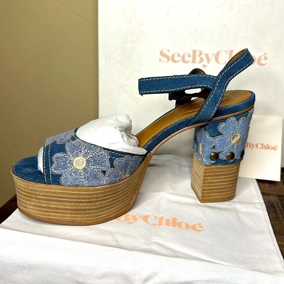 NEW! See by Chloè - Block heel platform sandals blue denim studded Sz 9